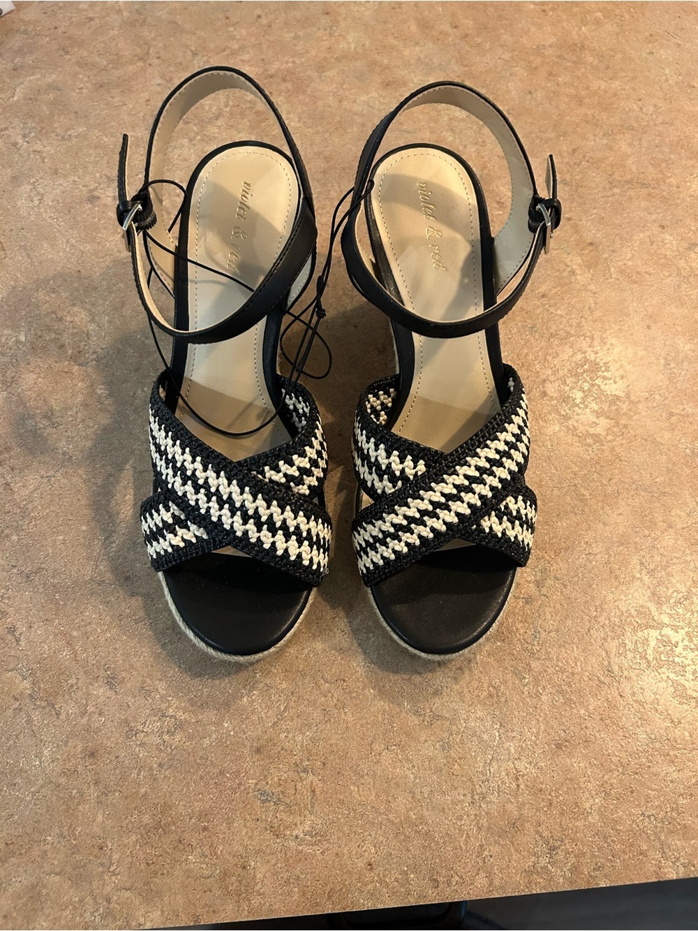 Woven Crisscross Ankle-Strap Wedge Sandals - Black & White